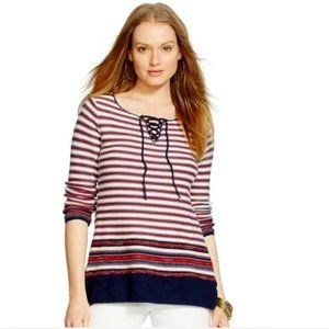 LAUREN by Ralph Lauren || Womens Nautical Knit Red White & Blue V-Neck Shirt | L